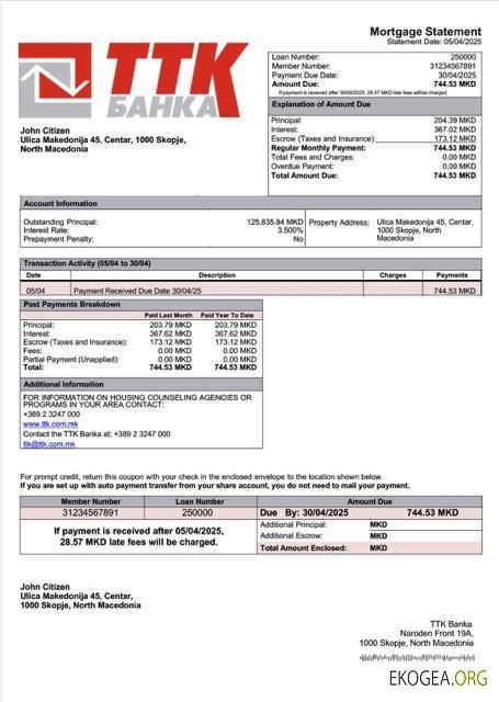 Modèle Word et PDF de relevé hypothécaire de la TTK Banka de Macédoine du Nord
